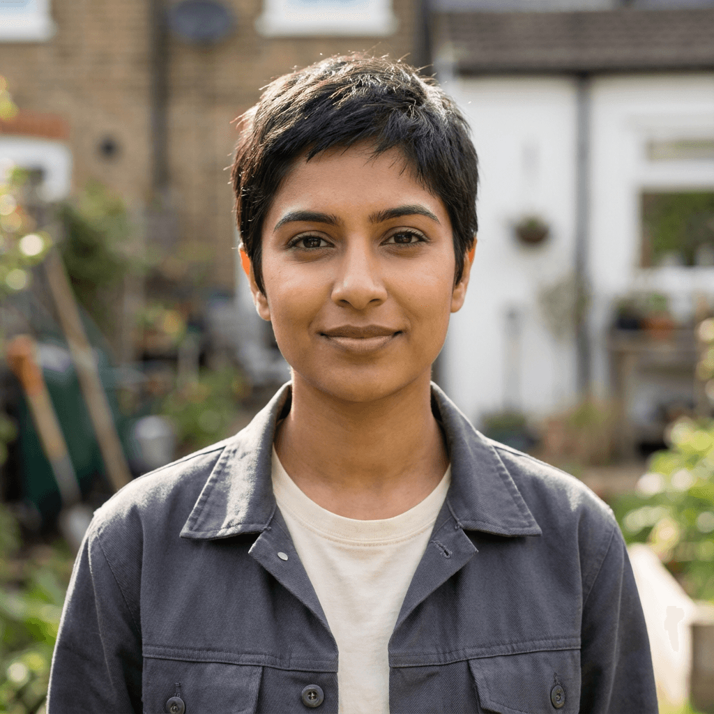 Female customer in her early 40s, South Asian, smiling at home