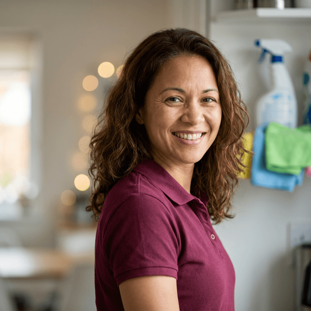 Female homeowner in her early 30s, White, candid smile in a bright kitchen