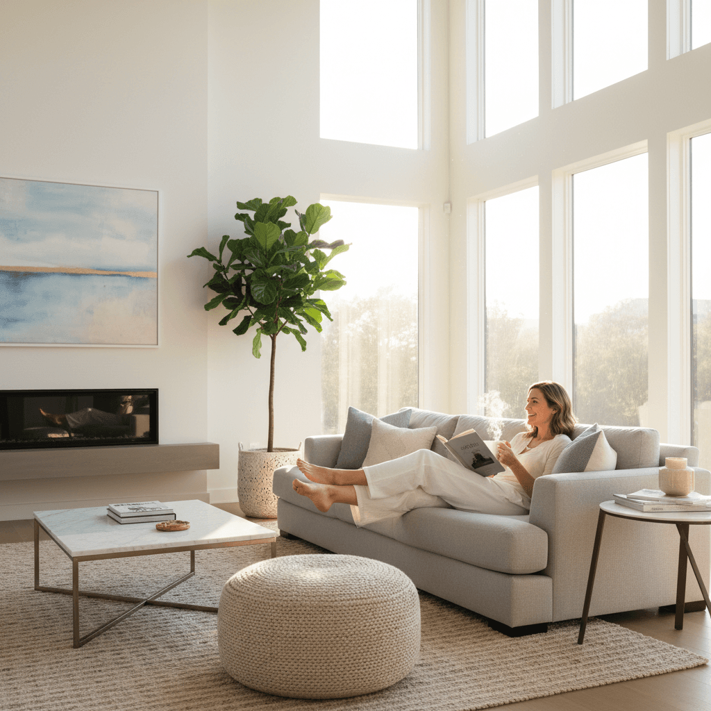 Homeowner relaxing in a pristine living room