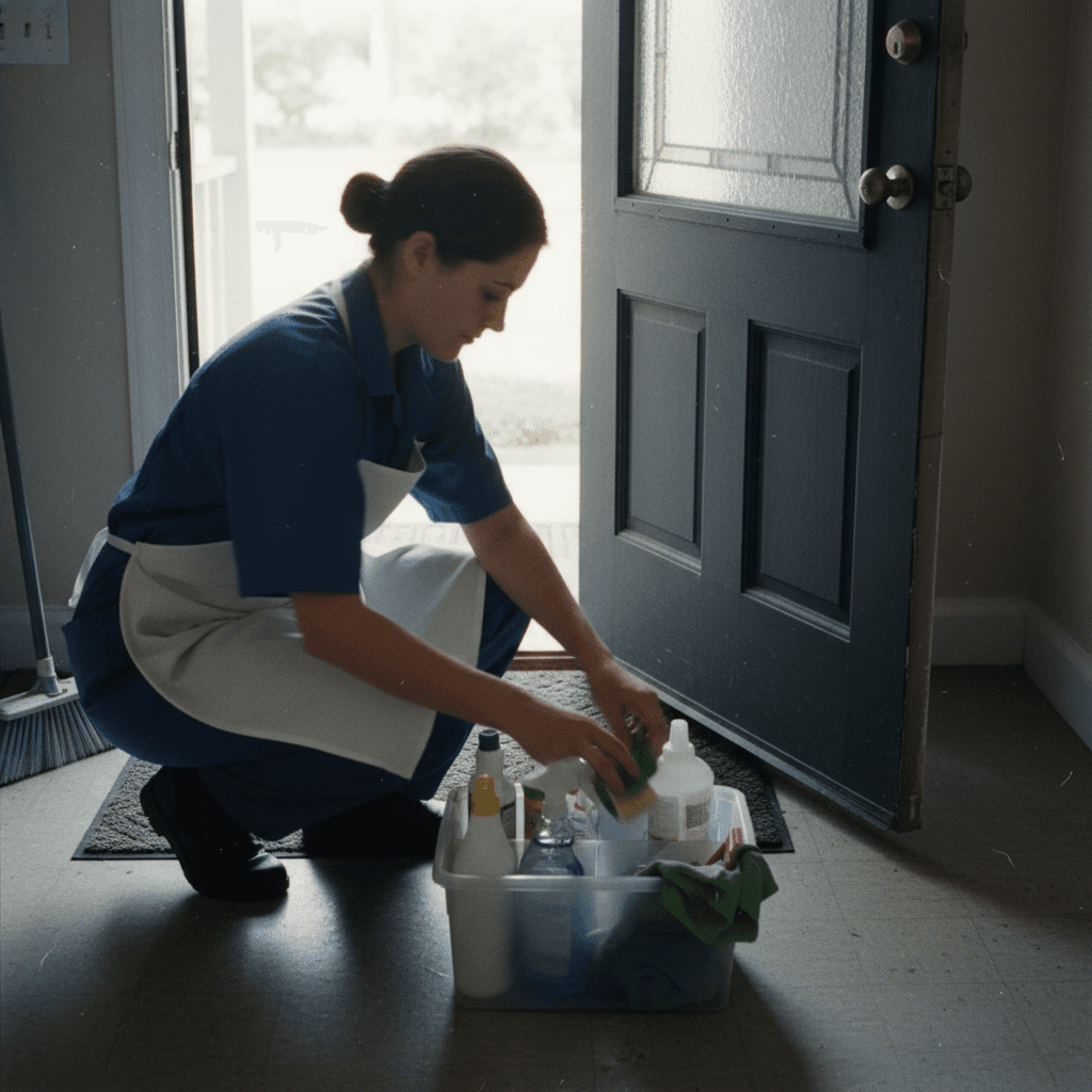 Cleaner organizing supplies in a caddy by a front door