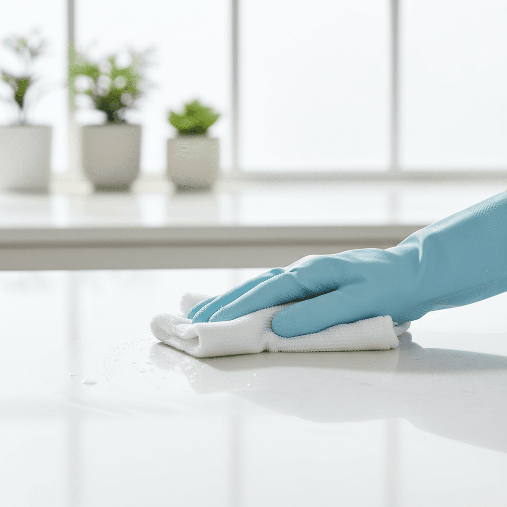 Close-up of a hand cleaning a kitchen counter with a microfiber cloth