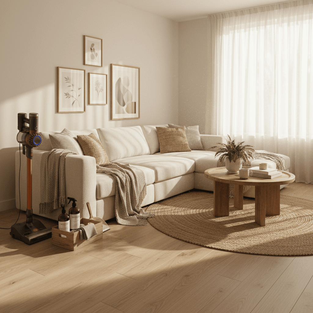 Bright and tidy living room with cleaning supplies nearby