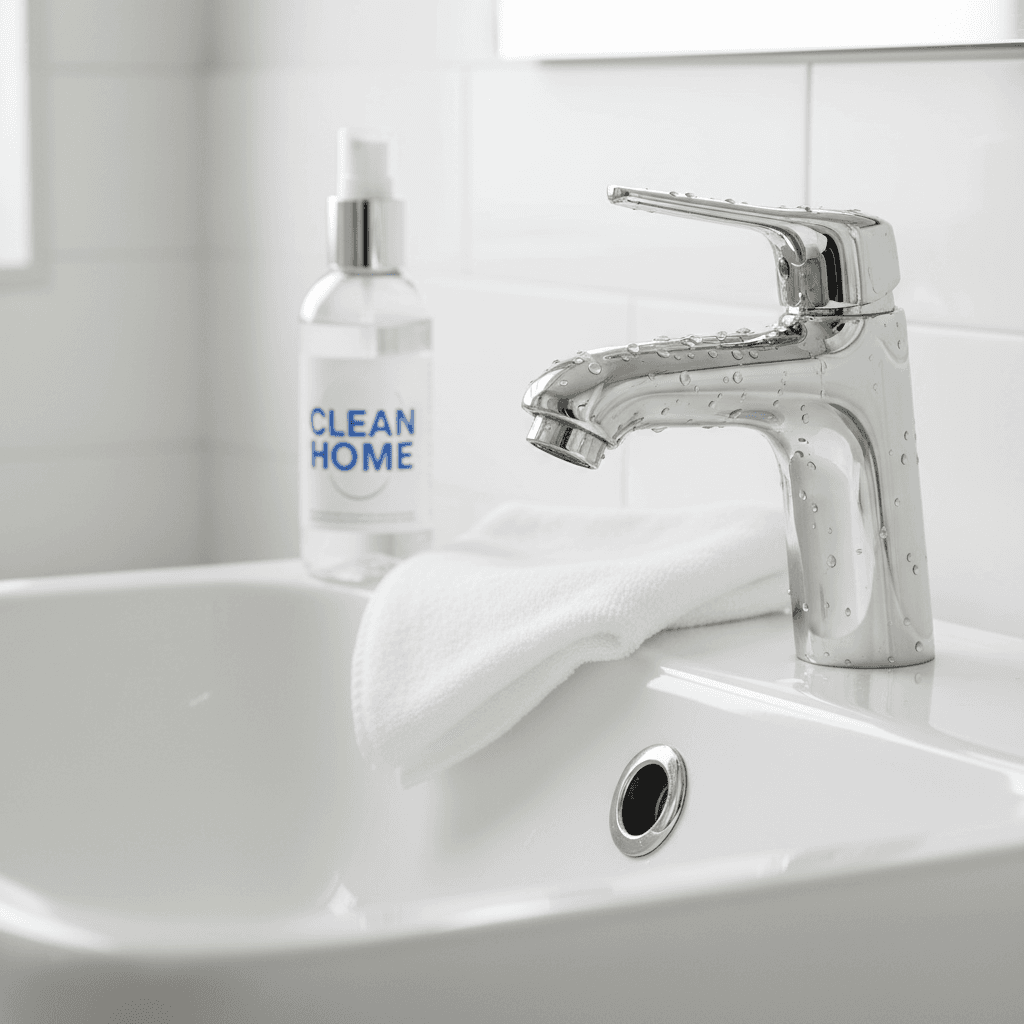 Clean white sink with cleaning spray and cloth on the edge