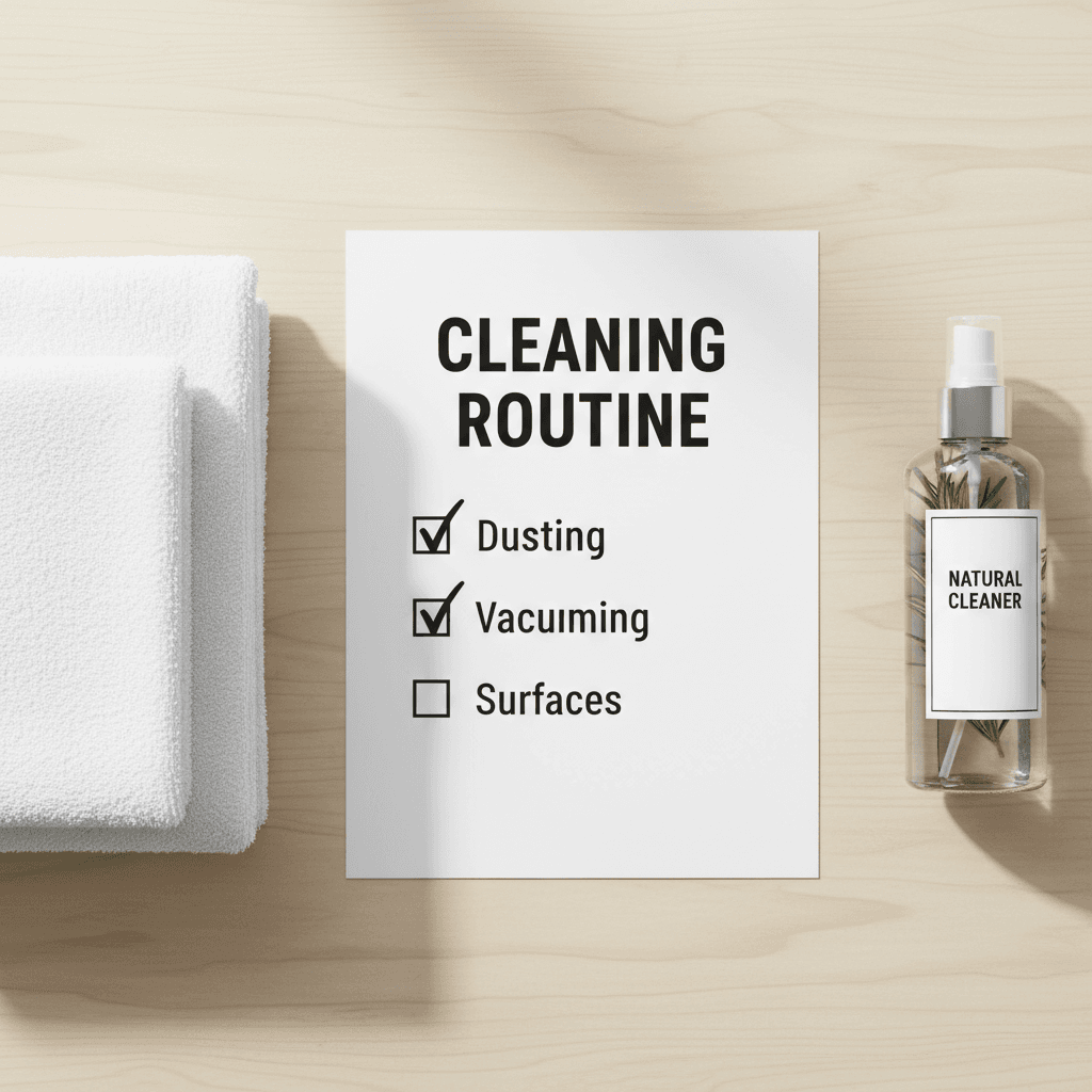 Overhead view of a checklist, towels, and cleaning spray arranged neatly