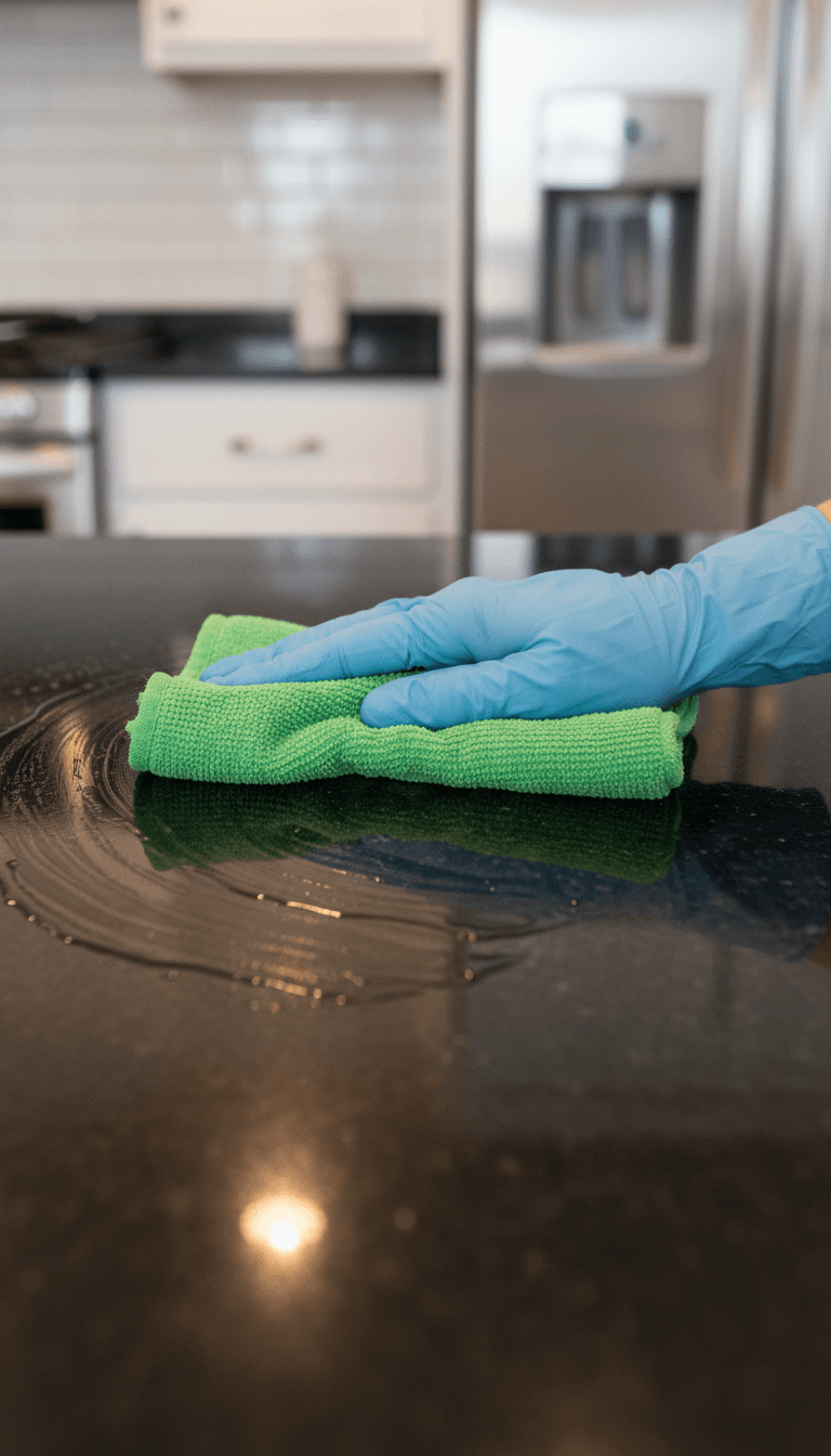 Gloved hand wiping a clean kitchen countertop