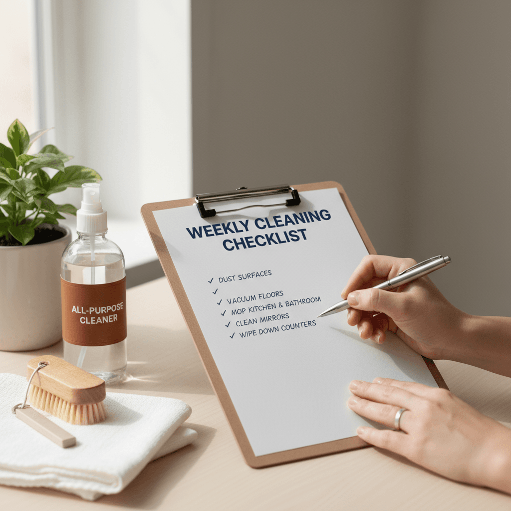 Hand writing a cleaning checklist on a clipboard