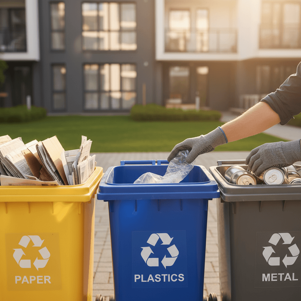 Neatly maintained trash and recycling bins in a commercial office