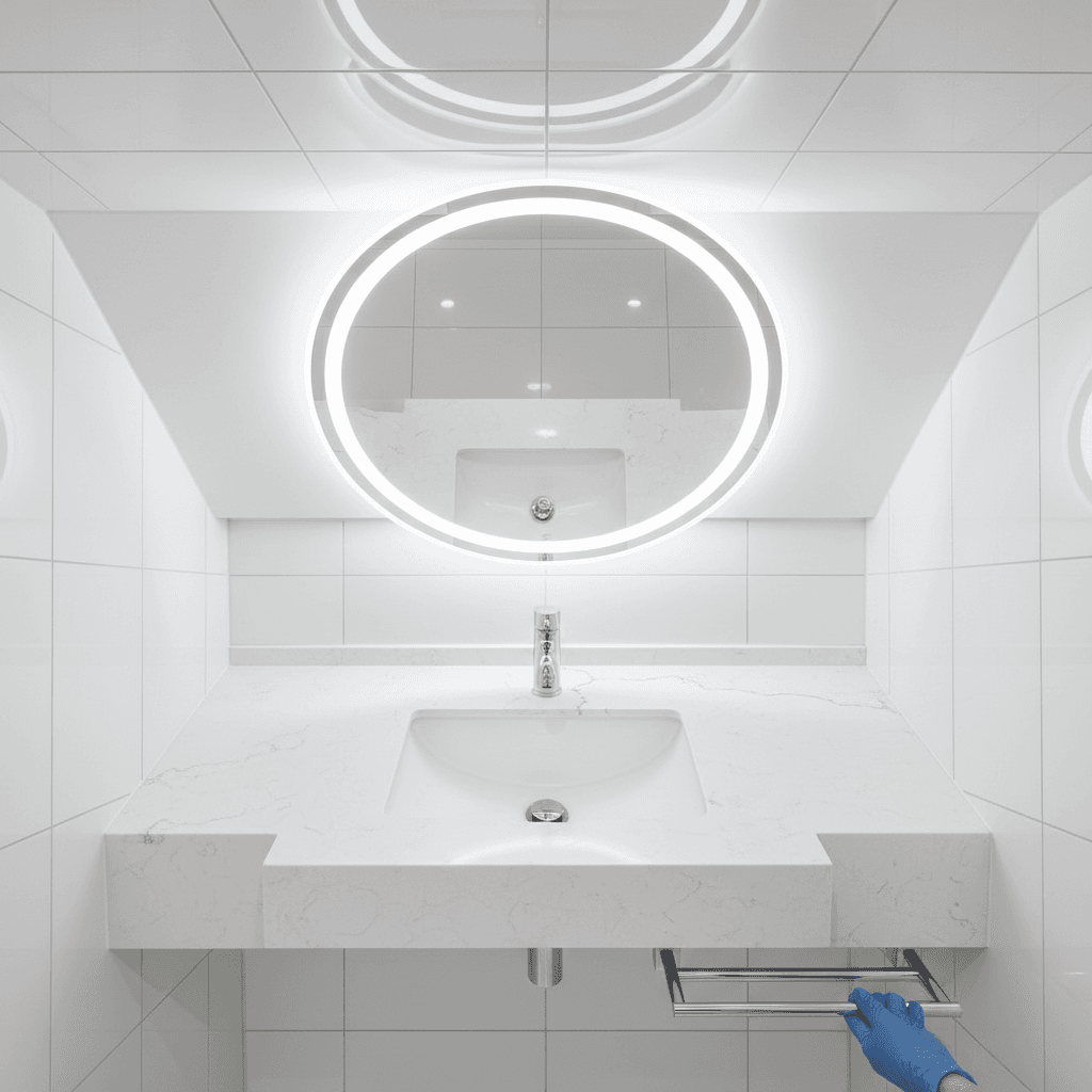 Spotless commercial restroom with cleaned sink and supplies