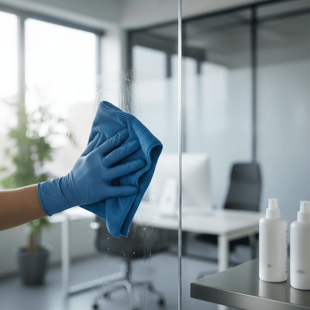 Hand spraying gentle cleaner on a wooden table and wiping it with a cloth