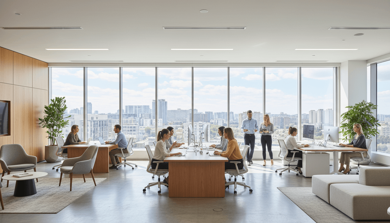 Bright, clean office space with organized desks and tidy workstation