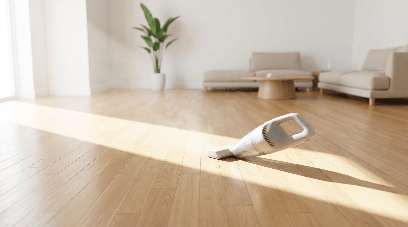 Clean, empty bedroom with a made bed and vacuum track on the carpet