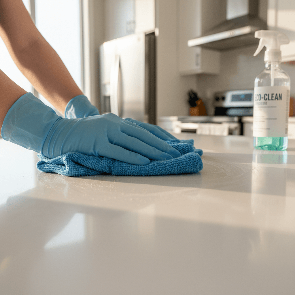 A cleaner wiping a kitchen counter with a cloth