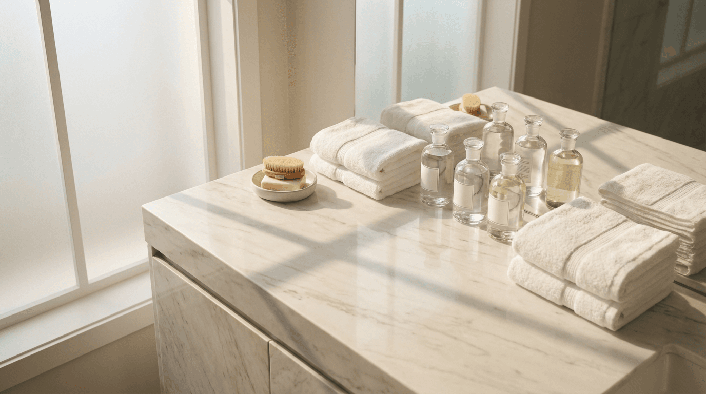 Clean kitchen counter and sink shining after a professional cleaning