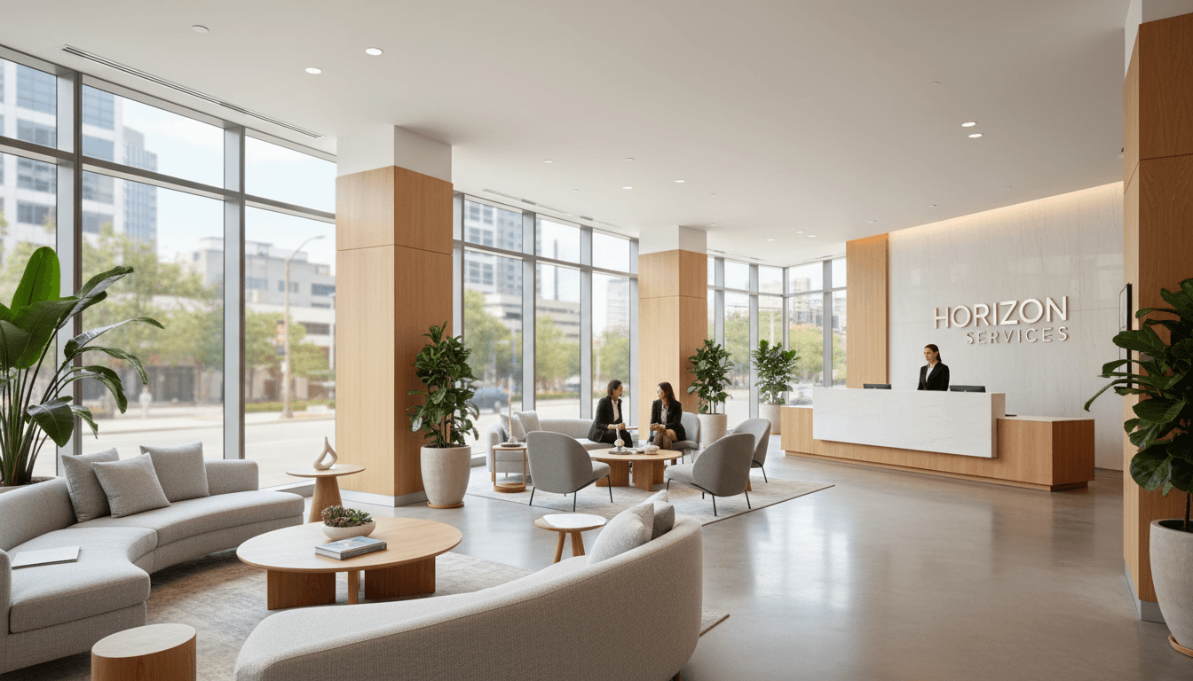 Tidy reception lobby with organized front desk and clean seating