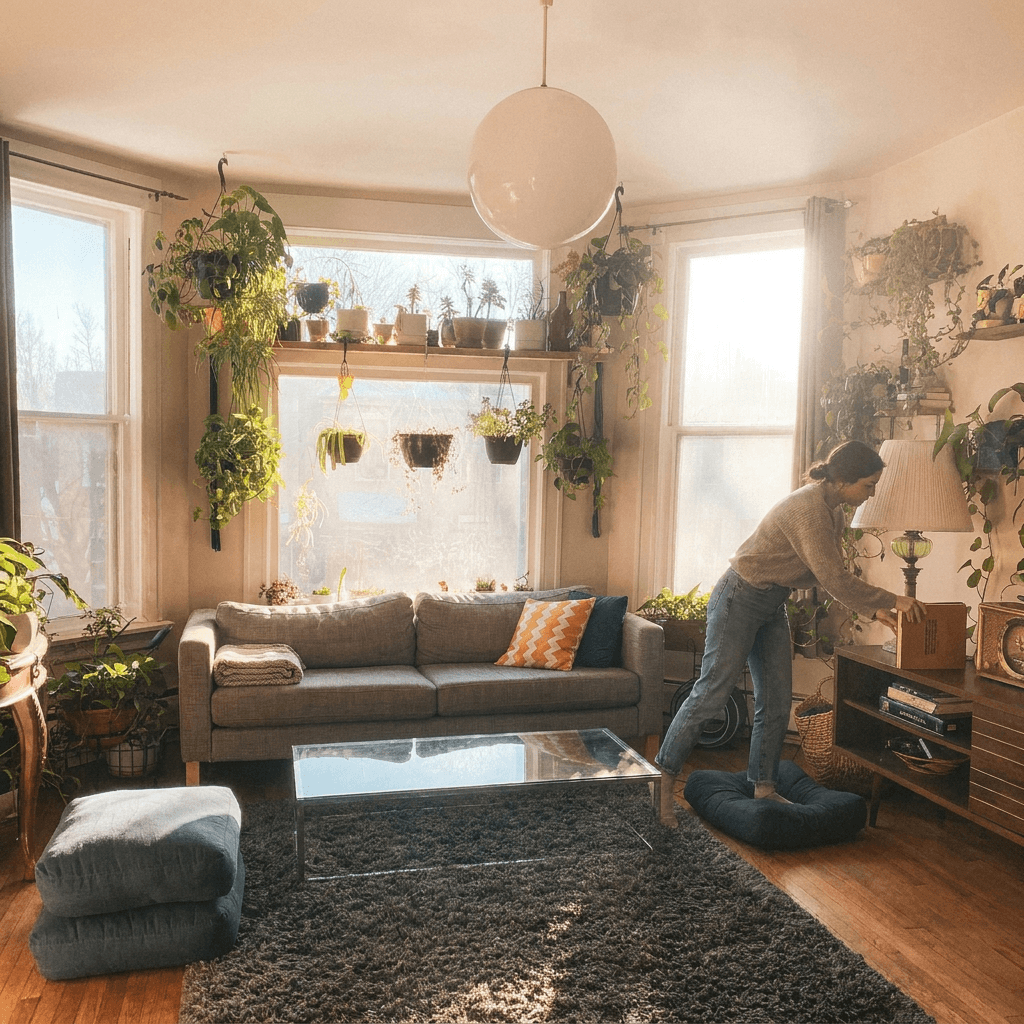 Bright living room with folded towels