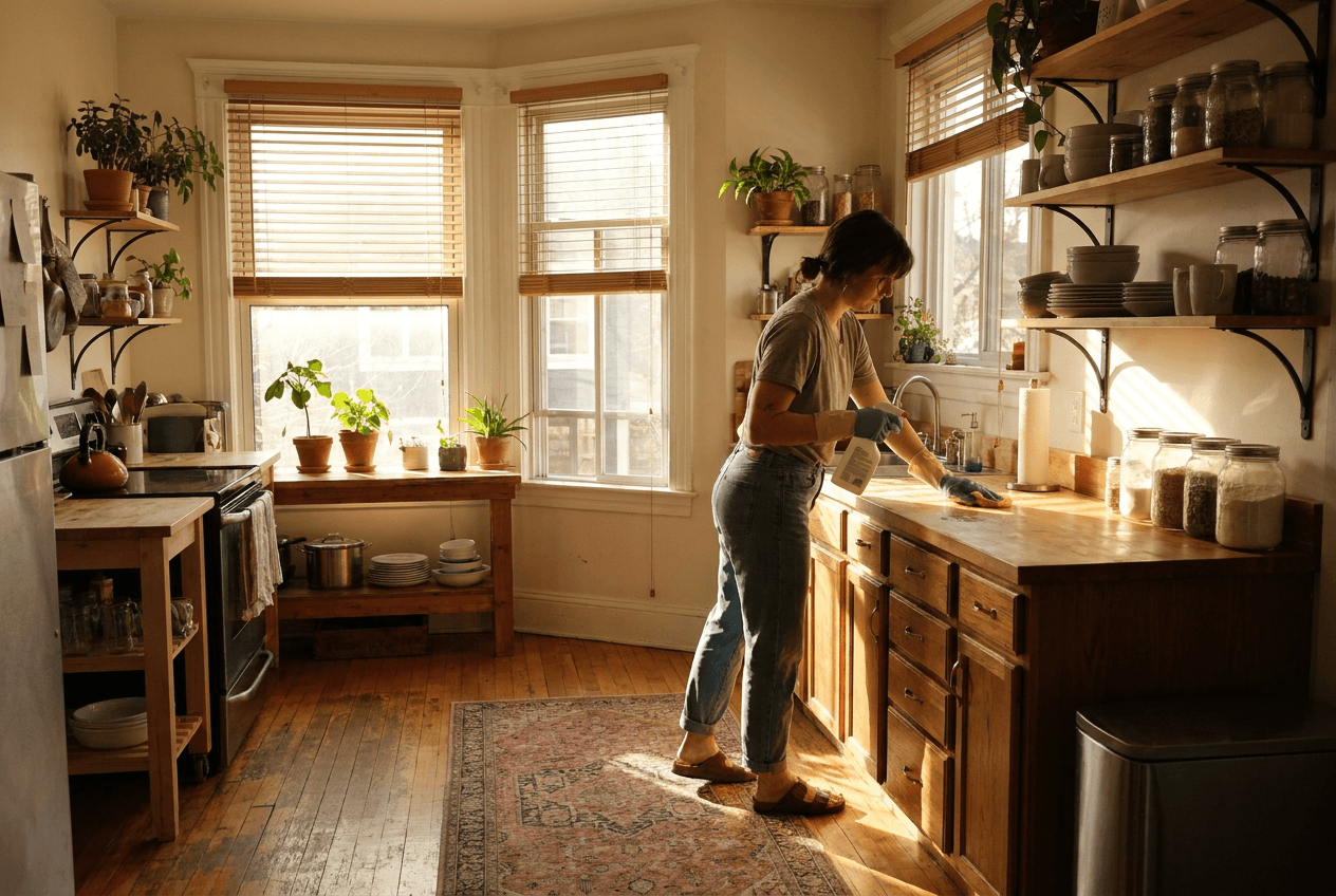 Cleaner wiping kitchen counter