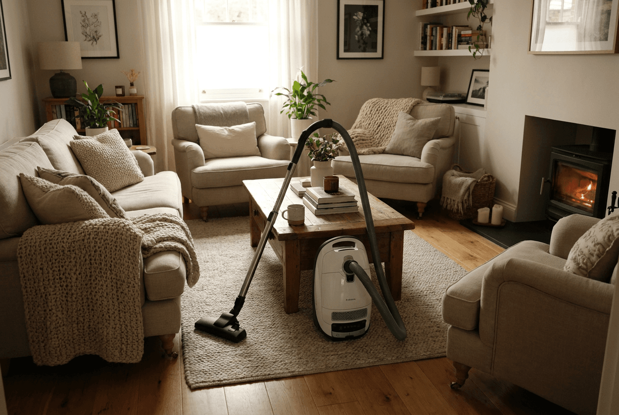 A clean and tidy living room with a vacuum cleaner nearby